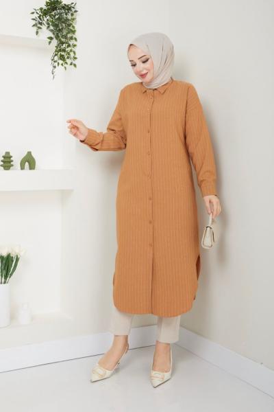 Uzun çizgili Tunik Elbise camel NEW30305