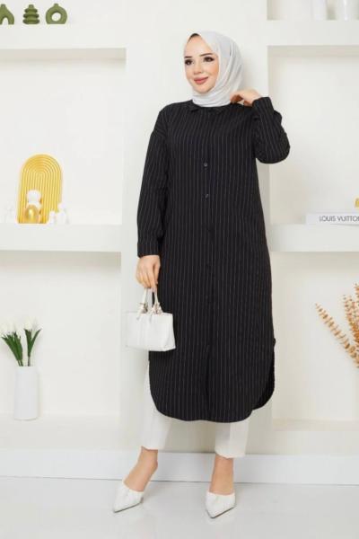Uzun çizgili Tunik Elbise Siyah NEW30305