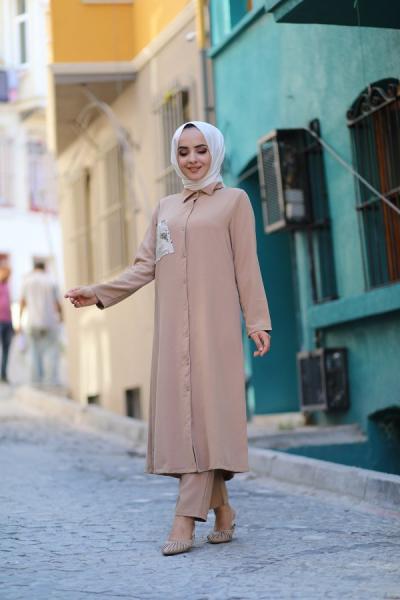 Uzun gömlek takım bej Ums730