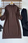 Uzun kapşonlu kanguru cepli tunik Kahve SLT3036