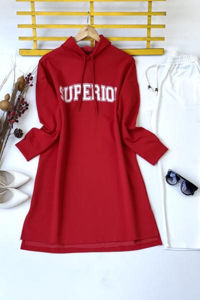 Uzun kapşonlu Ön Baskılı Tunik Kırmızı ADY30108