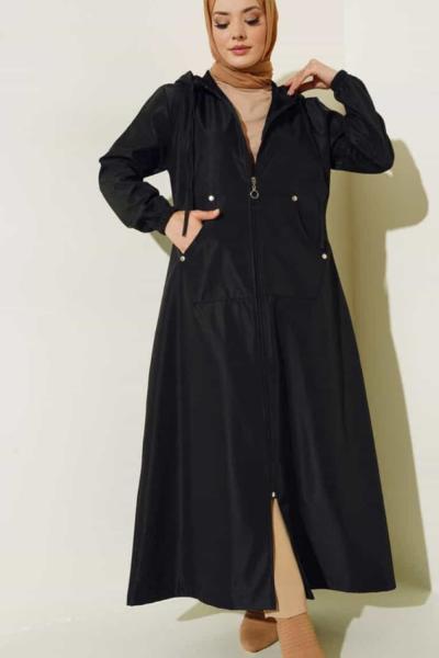 Uzun kapşonlu cepli kap Siyah SLT30128