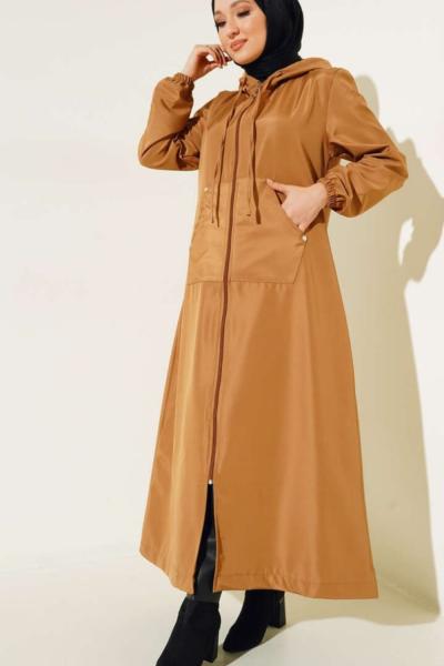 Uzun kapşonlu cepli kap  camel  SLT30128