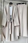 Uzun Kol taş işlemeli Kimono Takım Bej  UMS50138