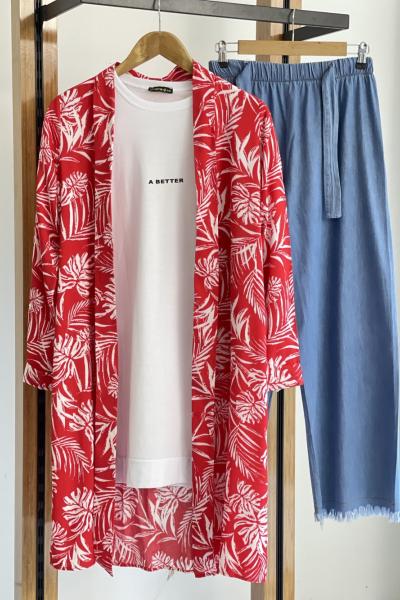 Uzun viskon kumaş kimono kırmızı SLT1598