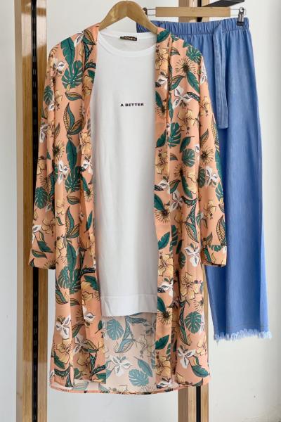 Uzun viskon kumaş kimono somon SLT1598