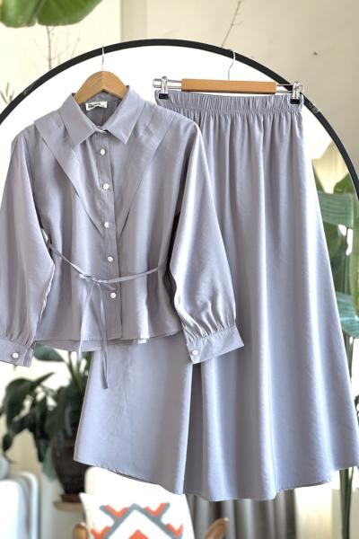 V Patlı Elmas düğmeli cepli Etekli Takım Gri NV4521