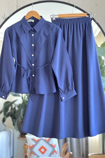 V Patlı Elmas düğmeli cepli Etekli Takım indigo NV4521