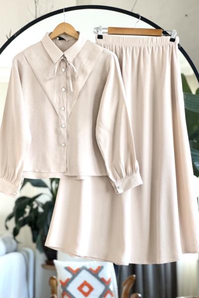 V Patlı Elmas düğmeli cepli EtekliTakım Bej NV4521