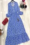 Viskon Kumaş çiçekli Elbise Mavi  Ums687