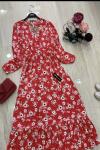 Viskon Kumaş Mini Papatya Desen Elbise Kırmızı  Ums 707