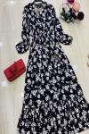 Viskon Kumaş Mini Papatya Desen Elbise Siyah  Ums 707