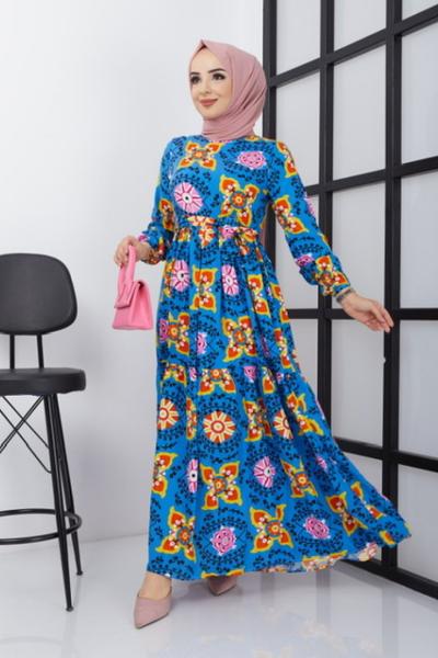 Viskon kumaş elbise mavi  UMS1646