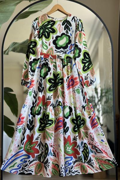 Viskon Kumaş Çiçekli Kiloş Elbise  yeşil UMS50181