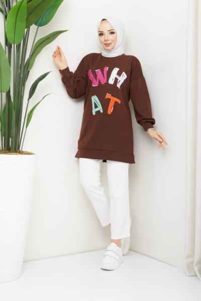 WHAT Taş Baskılı İkiiplik Tunik  Kahve SLT30117