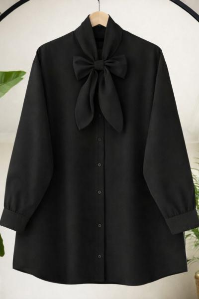 Yaka bağlamalı Fiyonklu Tunik Siyah TB8054