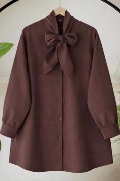 Yaka bağlamalı Fiyonklu TunikKahverengi TB8054