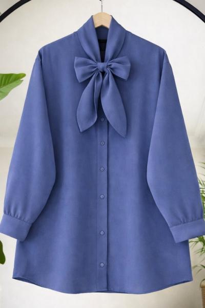 Yaka bağlamalı Fiyonklu Tunik İndigo TB8054