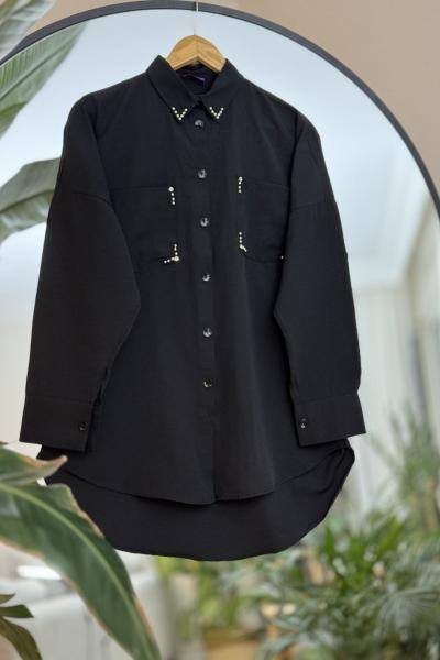 Yaka cep taş işleme gömlek tunik Siyah ASM 30258