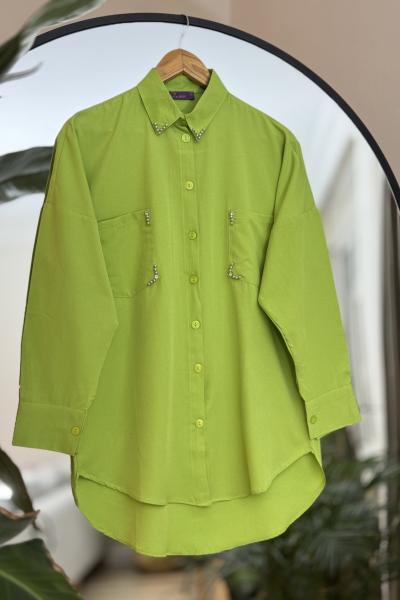 Yaka cep taş işleme gömlek tunik Fıstıkyeşil ASM 30258