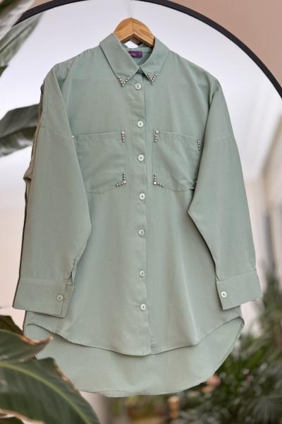 Yaka cep taş işleme gömlek tunik Mint ASM 30258