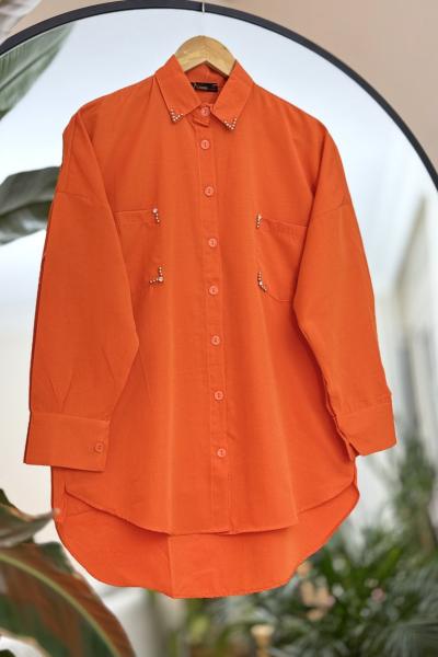 Yaka cep taş işleme gömlek tunik Turuncu  ASM 30258