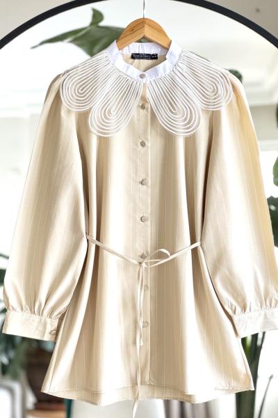 Yaka dantel tül detaylı çizgili tunik Bej NEW6028