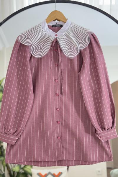Yaka dantel tül detaylı çizgili tunik Bordo NEW6028