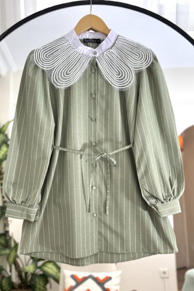 Yaka dantel tül detaylı çizgili tunik Yeşil NEW6028