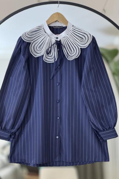 Yaka dantel tül detaylı çizgili tunik Lacivert NEW6028