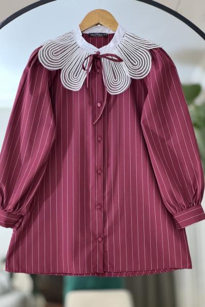 Yaka dantel tül detaylı çizgili tunik Mürdüm NEW6028