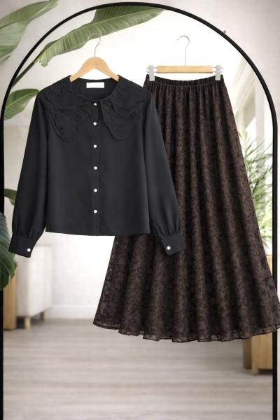 Yaka dantelli Kısa gömlek Siyah BK9542