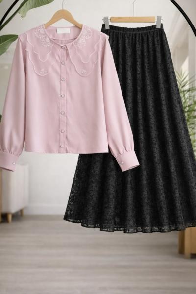 Yaka dantelli Kısa gömlek Pembe BK9542