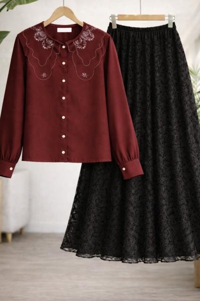 Yaka dantelli Kısa gömlek Bordo BK9542