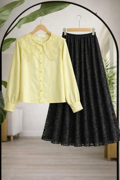 Yaka dantelli Kısa gömlek Sarı BK9542