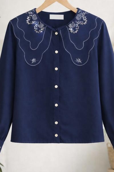 Yaka dantelli Kısa gömlek Lacivert BK9542