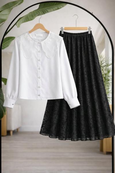 Yaka dantelli Kısa gömlek Beyaz BK9542