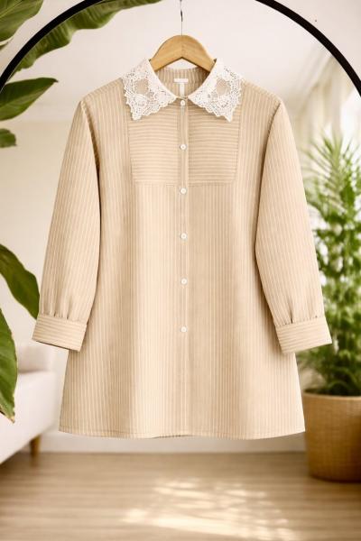 Yaka dantelli çizgili tunik Bej NEW 30250