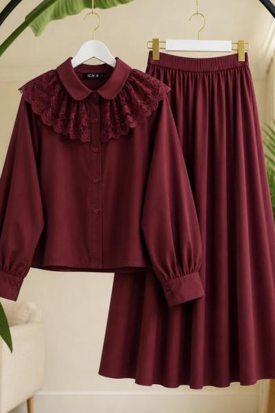 Yaka dantelli etek gömlek bordo TCN40177