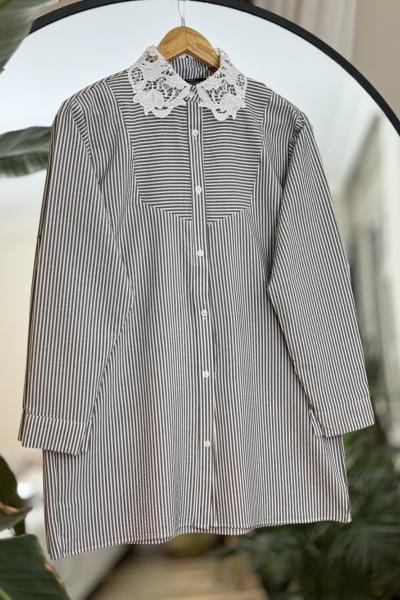 Yaka dantelli çizgili tunik Antrasit NEW 30250