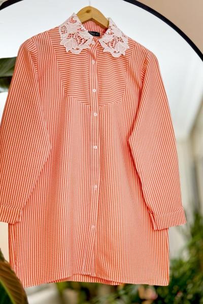 Yaka dantelli çizgili tunik Turuncu NEW 30250