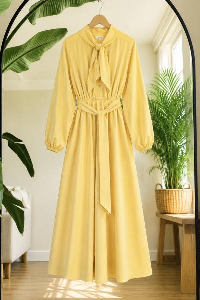 Yaka  detaylı kuşaklı elbise Sarı BK9574
