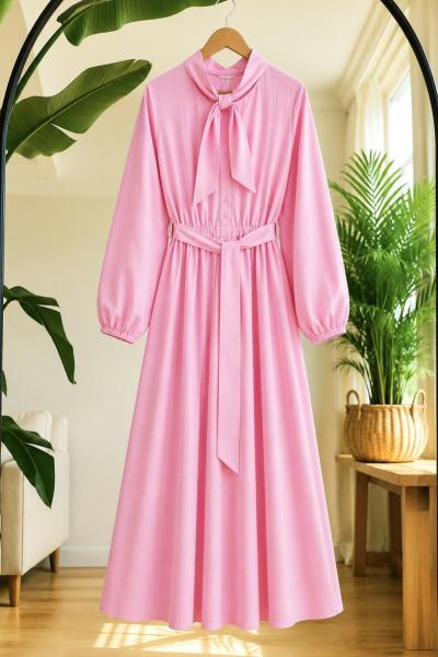 Yaka  detaylı kuşaklı elbise pembe BK9574