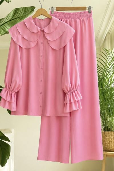 Yaka Detaylı Kuşaklı pantolonlu Takım Pembe BT2086