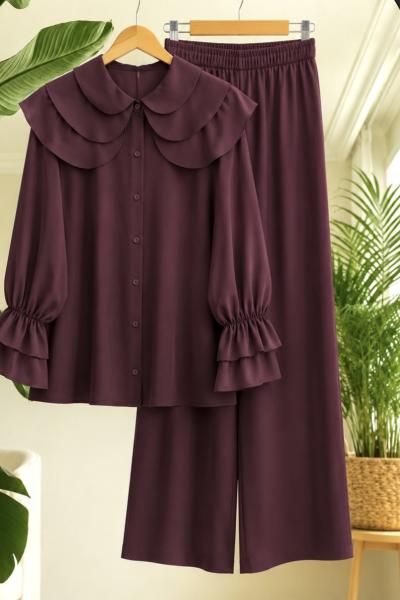 Yaka Detaylı Kuşaklı pantolonlu Takım Mürdüm BT2086
