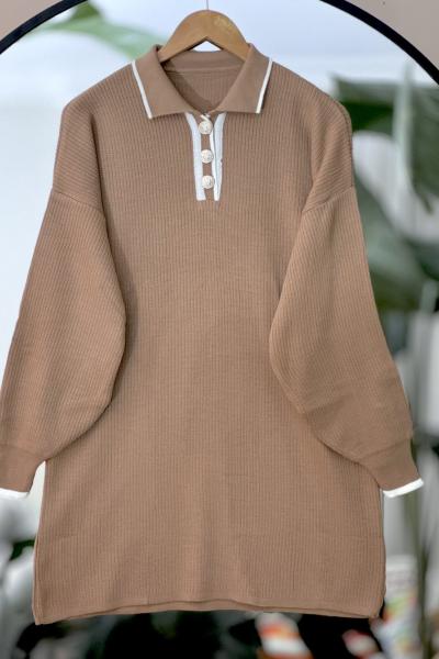 Yaka  düğmeli  Manşetli Triko Tunik Bej NSY9020