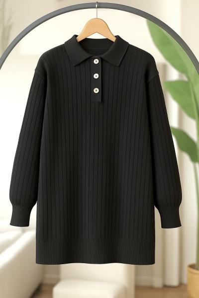 Yaka düğmesi triko Tunik siyah NS9030