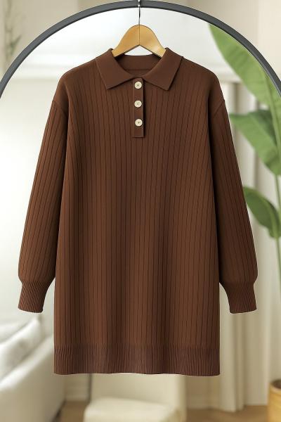 Yaka düğmeli triko Tunik Kahve  NS9030