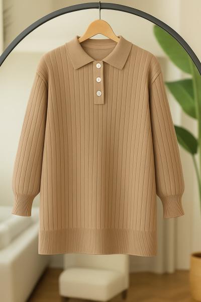 Yaka düğmeli triko Tunik Camel  NS9030