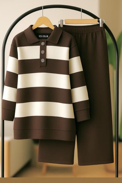 Yaka düğmeli Geniş  çizgili Triko Takım  kahve TCN40135